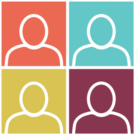 Four drawn figures with different background colors