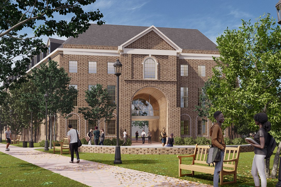 A rendering of the front of Cedar Hall, a new brick building to complete the Lemon-Hardy Triangle off of Jamestown Road. (Courtesy VMDO Architects)
