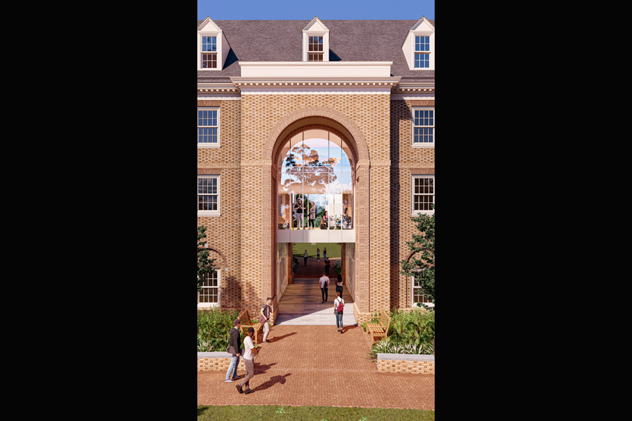 A closer look at the entry to Cedar Hall, welcoming students and visitors into the residential courtyard. (Courtesy of VMDO Architects)