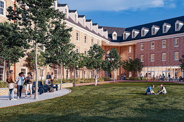 Rendering of a multi-story brick residence hall with students relaxing in a green grassy area