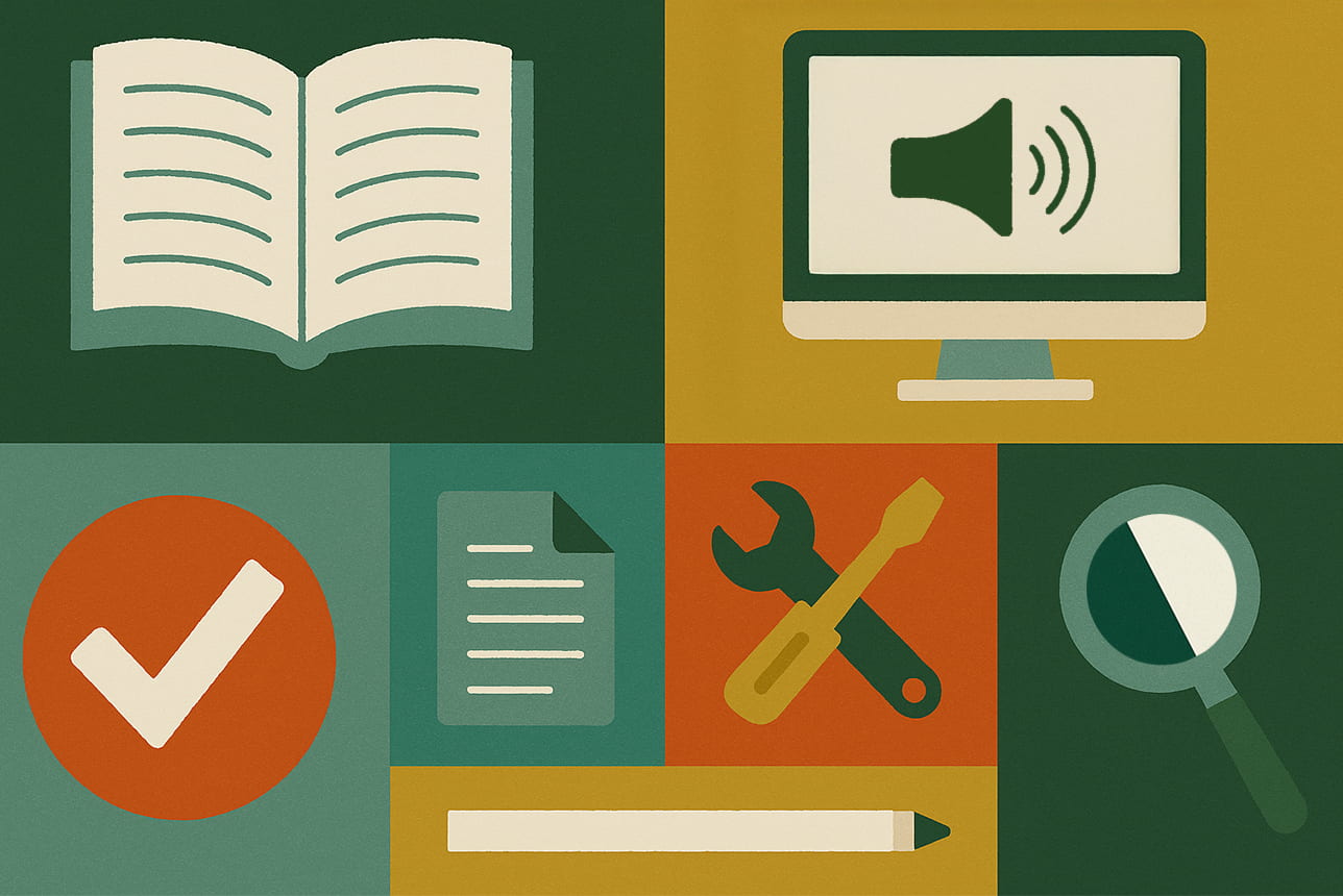 Graphic with icons representing different types of accessibility, like visual and hearing. 