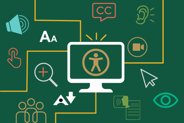 Graphic with various icons that represent different accessibility technology. 